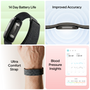 Four-panel image showcasing Band 2.0 features: top left shows the device with text '14 Day Battery Life,' top right shows a close-up of the sensor with 'Improved Accuracy,' bottom left shows the band worn on a wrist with 'Ultra Comfort Strap,' and bottom right displays a heart rate and cardiovascular insights tracking dashboard with 'cardiovascular insights .
