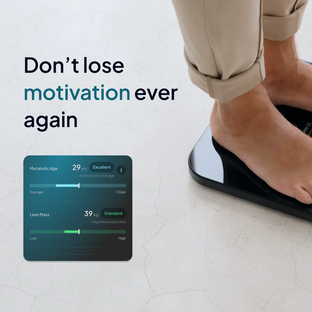 Person standing on a smart body composition scale with app interface showing metabolic age and lean mass metrics, alongside text ‘Don’t lose motivation ever again’.
