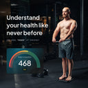 man using hume body pod with health score graphic