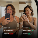 Before and after comparison of a woman's body metrics using smartphone app results.