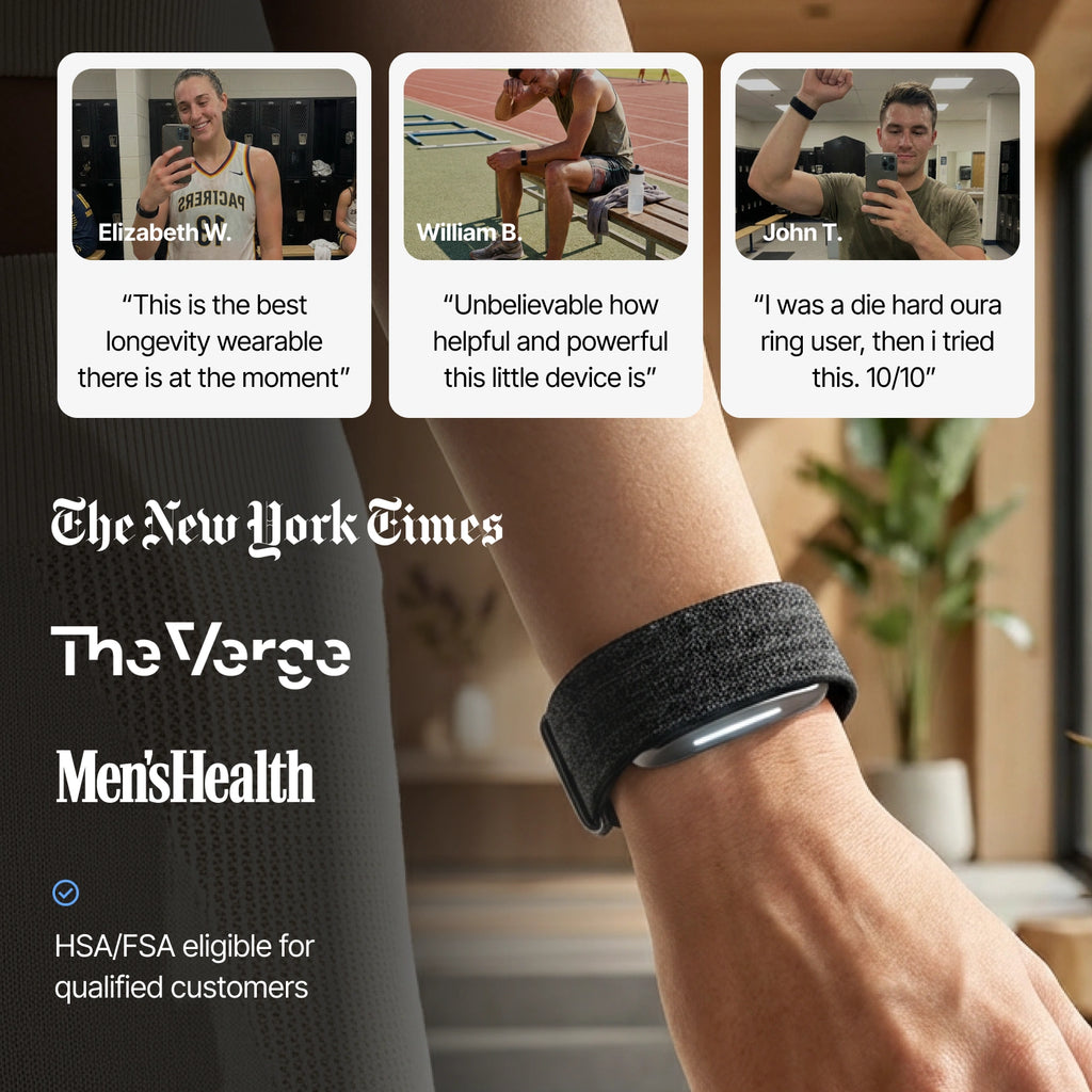Image of a person wearing the Band 2.0 fitness tracker on their wrist, with three customer testimonial photos and quotes from Elizabeth W., William B., and John T. praising the device. Below, media logos for The New York Times, The Verge, and Men's Health are displayed, along with a note that the product is HSA/FSA eligible for qualified customers.