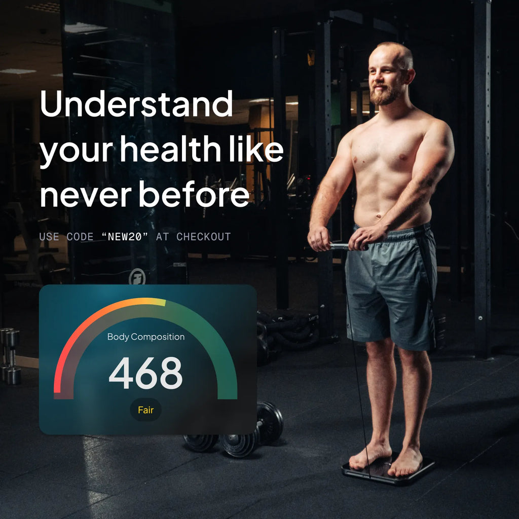 man using hume body pod with health score graphic
